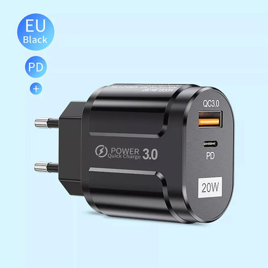 Caricabatterie Rete Techsuit Premium, 20W, 3A, 1 x USB-A - 1 x USB-C, Nero CHPD038
