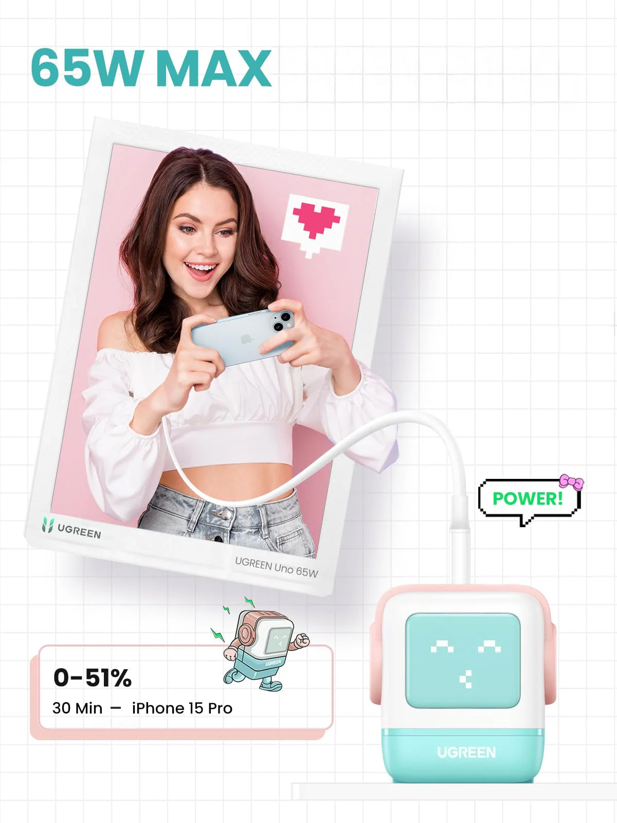 Caricabatterie da Rete UGREEN CD361 Uno, 65W, 3.25A, 1 x USB-A - 2 x USB-C, Turchese
