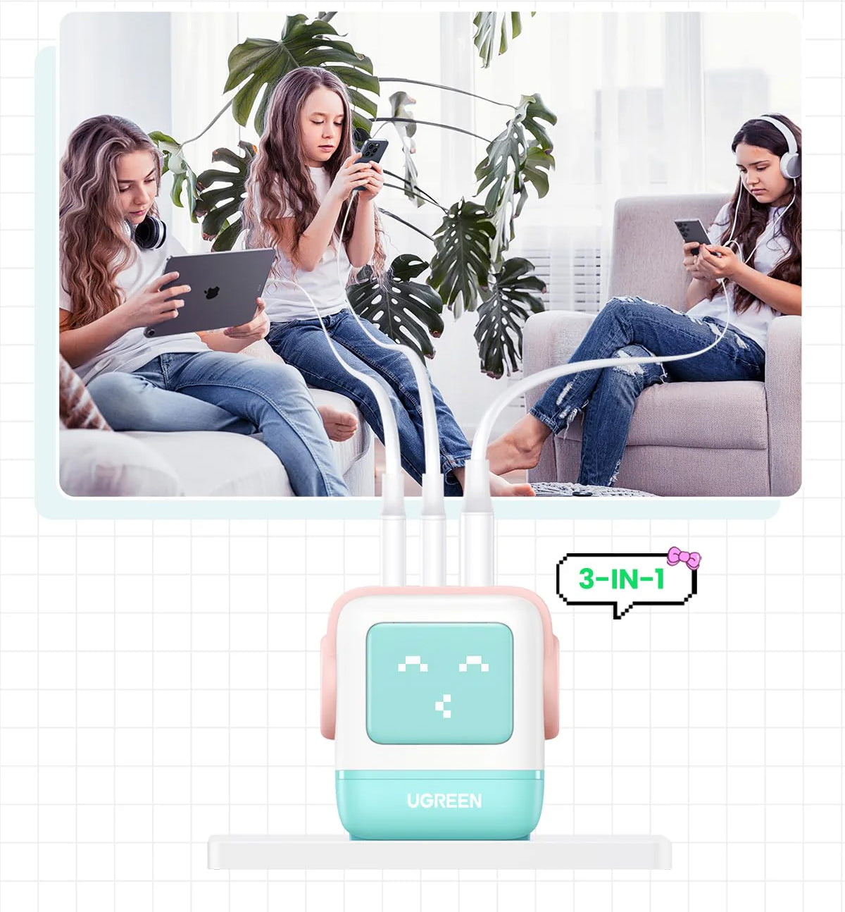 Caricabatterie da Rete UGREEN CD361 Uno, 65W, 3.25A, 1 x USB-A - 2 x USB-C, Turchese