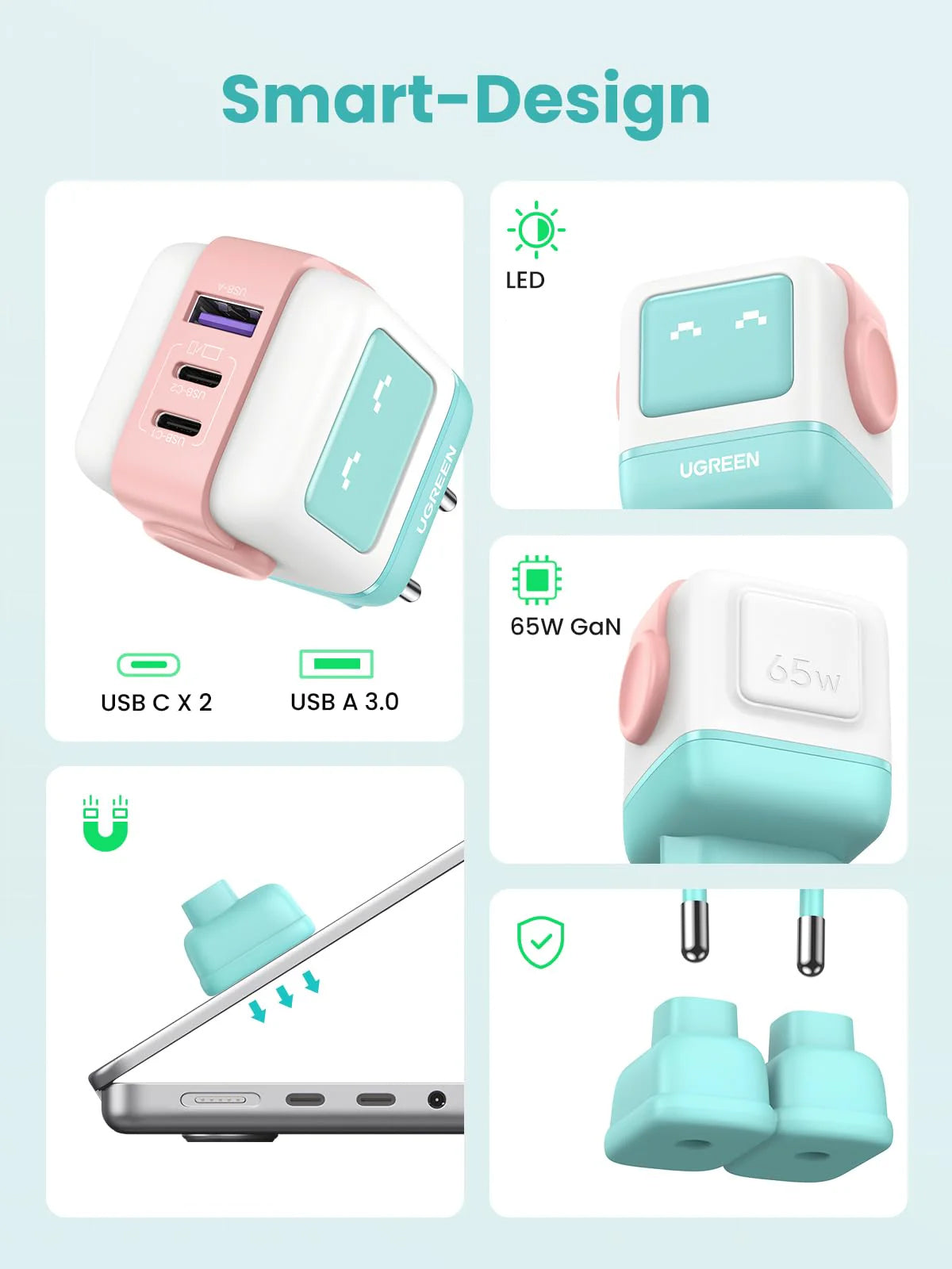 Caricabatterie da Rete UGREEN CD361 Uno, 65W, 3.25A, 1 x USB-A - 2 x USB-C, Turchese