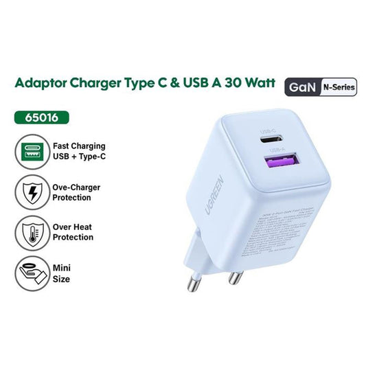 Caricabatterie Rete UGREEN X516, 30W, 3A, 1 x USB-A - 1 x USB-C, Grigio