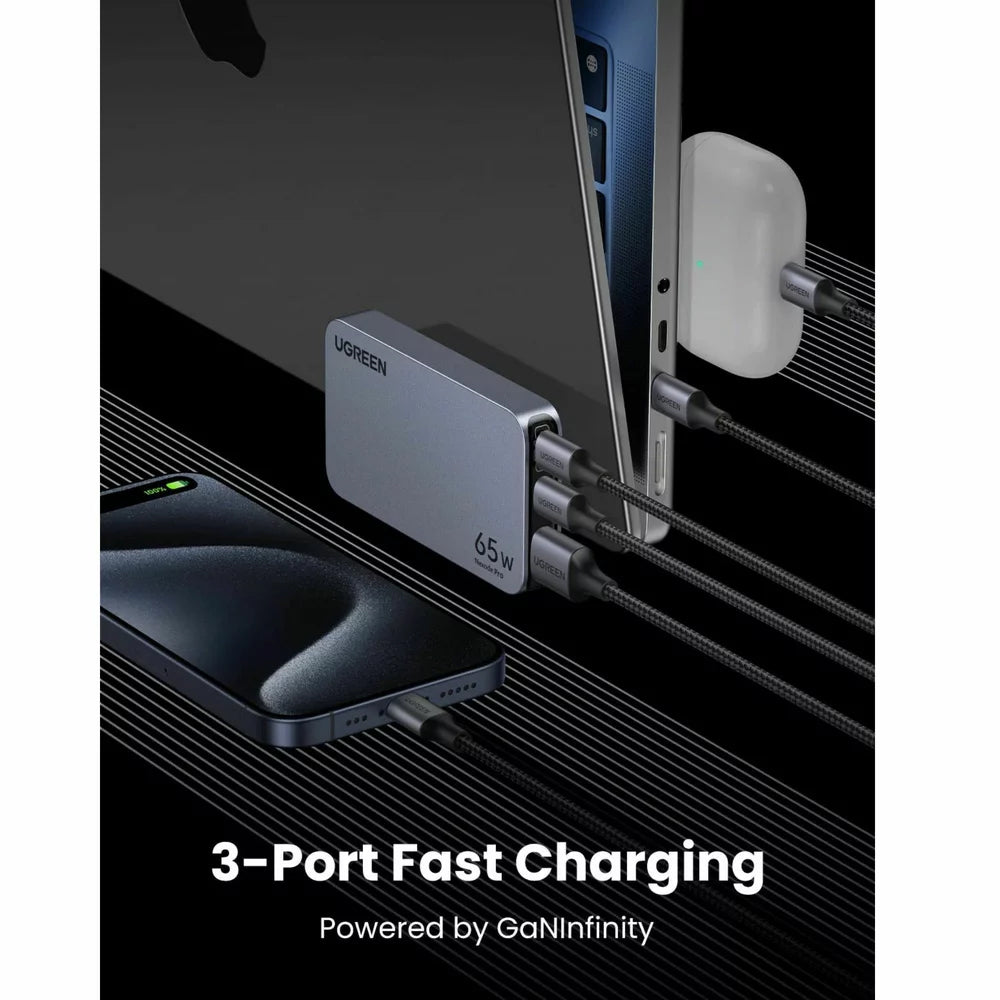 Caricabatterie di rete UGREEN X753 Nexode Pro, 65W, 3A, 1 x USB-A - 2 x USB-C, Grigio