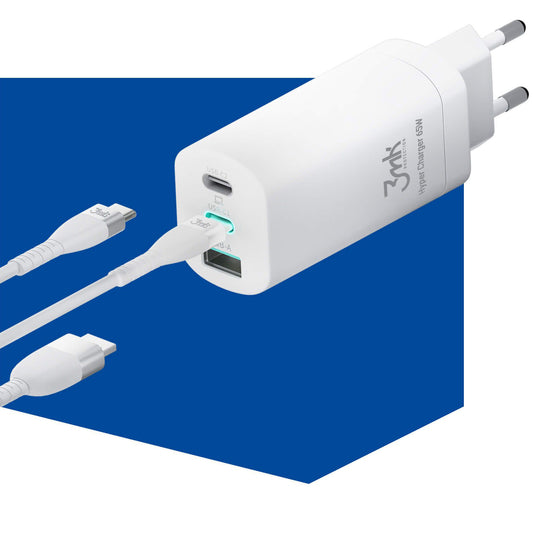 Caricatore da rete 3MK HyperCharger, 65W, 5A, 1 x USB-A - 2 x USB-C, Bianco
