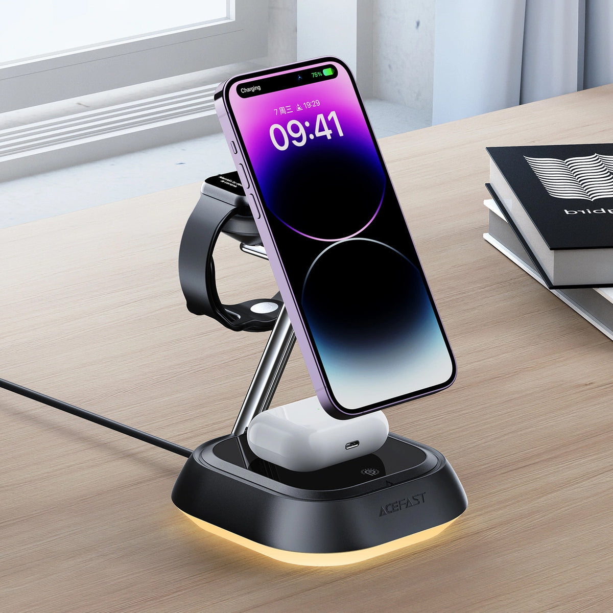 Caricabatterie Wireless Retea Acefast E16 3in1, 15W, 1.67A, Nero