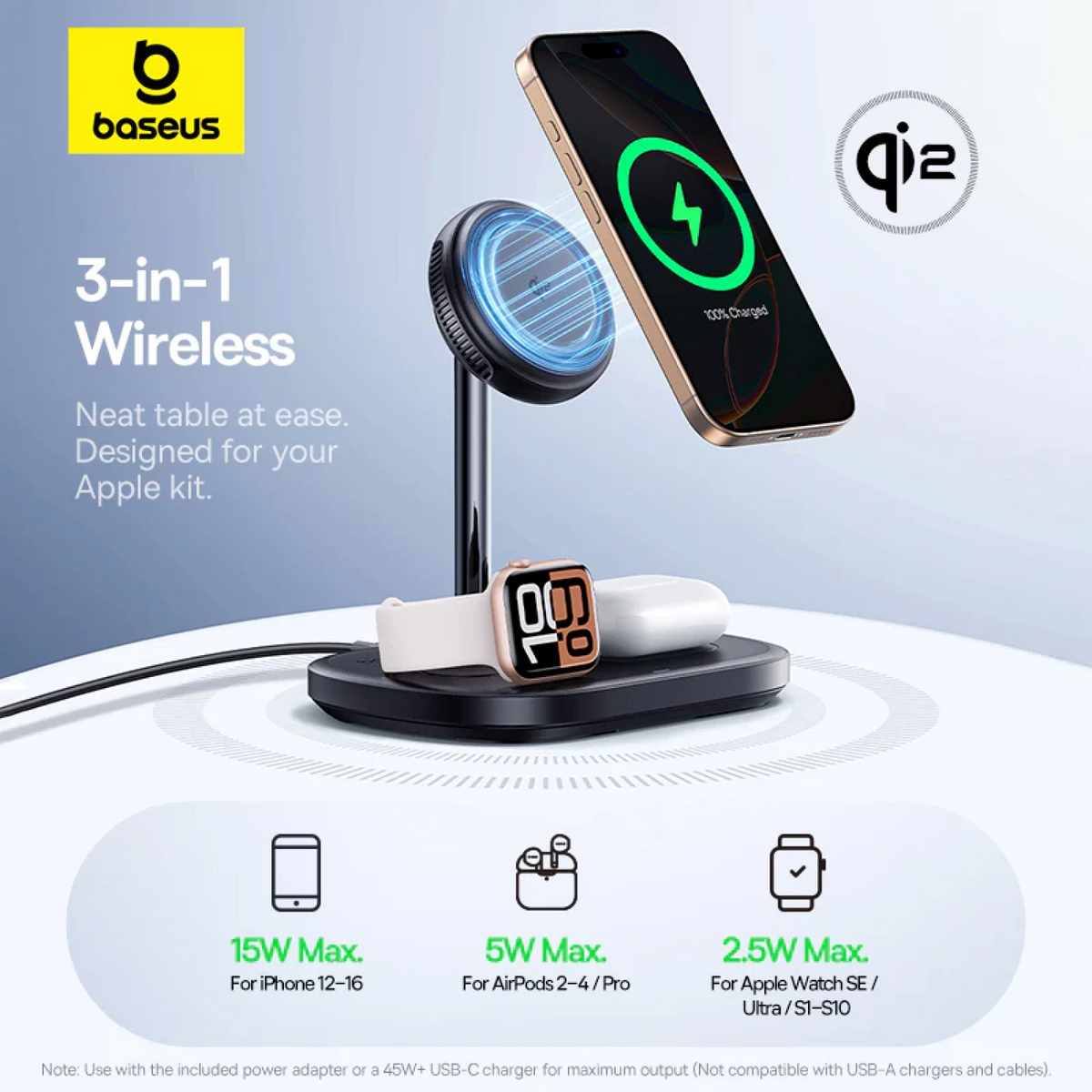 Caricatore da rete wireless Baseus EnerFill FS41 3 in 1, 22,5 W, 1,67 A, Nero P10281904123-01