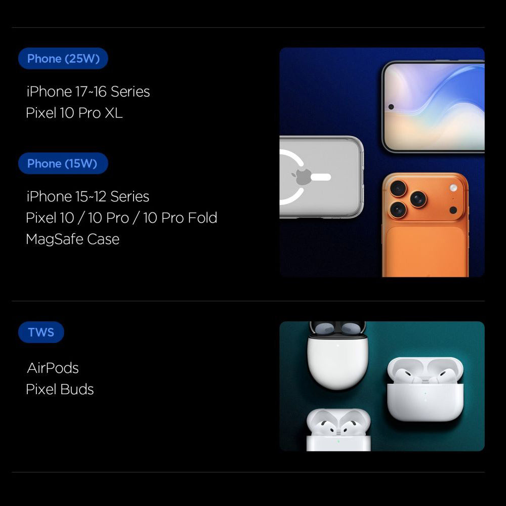 Caricabatterie Rete Wireless Spigen EF302MOQ 3in1, 25W, 1 x USB-C, Grigio