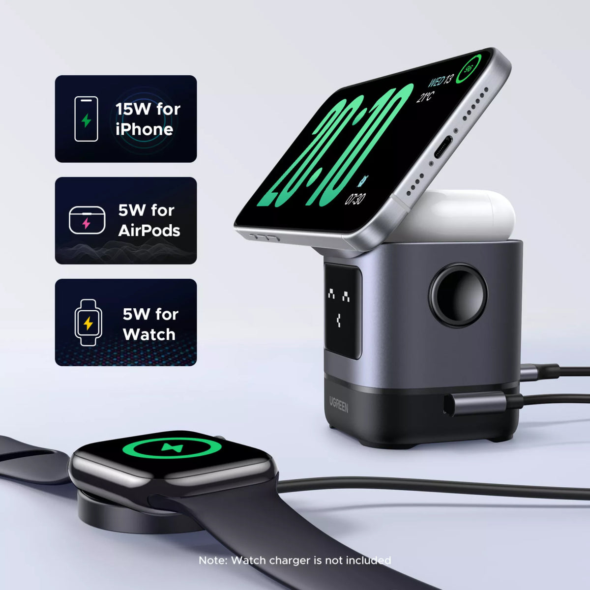 Caricabatterie Rete Wireless UGREEN W709 Uno 2in1, 15W, 1.67A, Nero