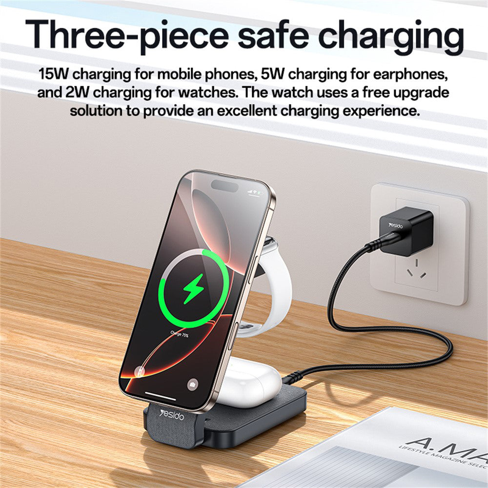 Caricabatterie Wireless Yesido DS26 3in1, 15W, 1.67A, Grigio