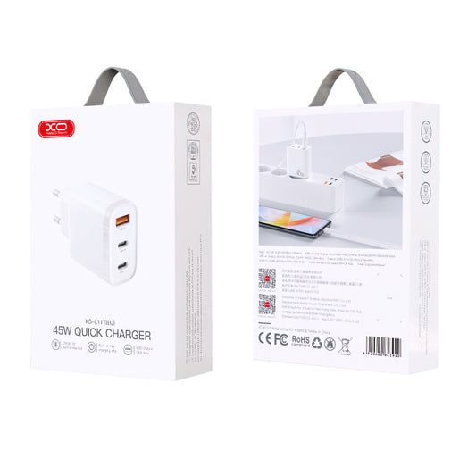 Network Charger XO Design L117, 45W, 3A, 1 x USB-A - 2 x USB-C, White