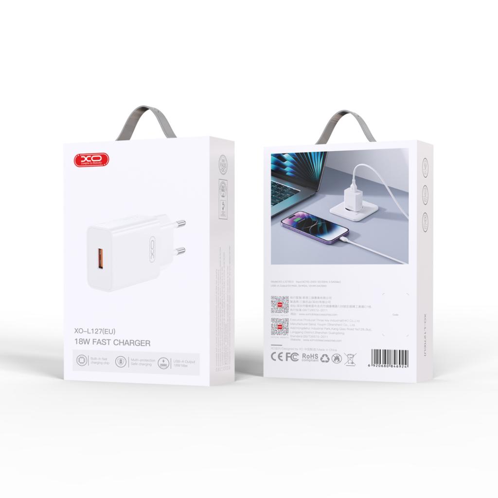 XO Design L127 Network Charger, 18W, 3A, 1 x USB-A, White