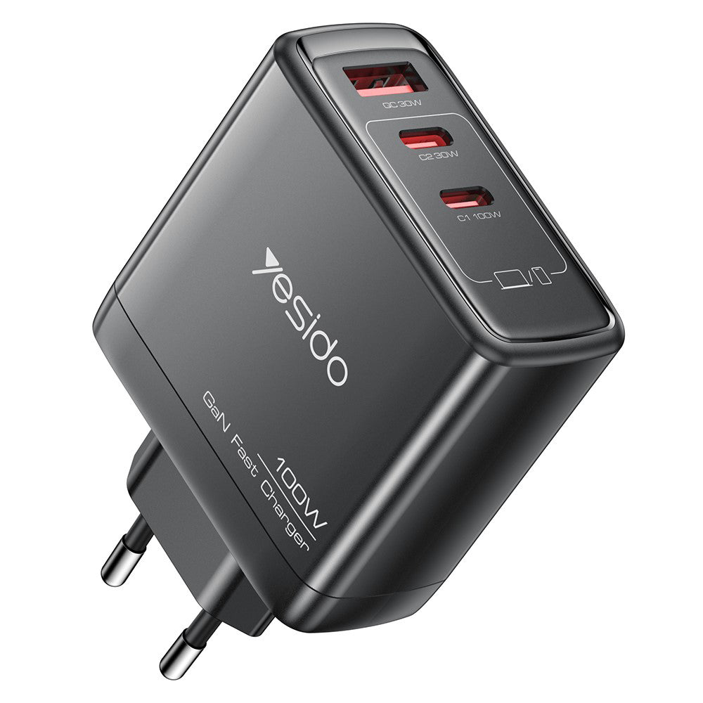 Caricabatterie Rete Yesido YC142, 100W, 5A, 1 x USB-A - 2 x USB-C, Nero