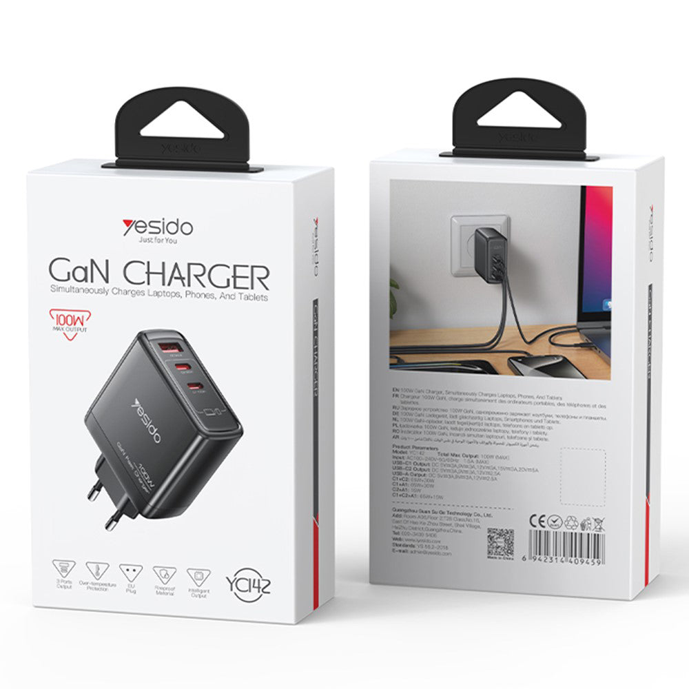 Caricabatterie Rete Yesido YC142, 100W, 5A, 1 x USB-A - 2 x USB-C, Nero