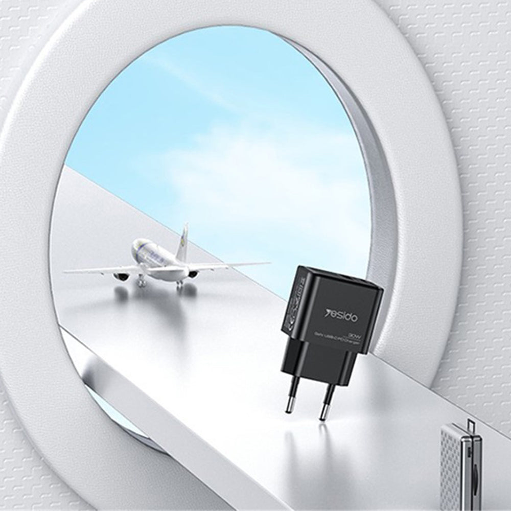 Caricabatterie Rete Yesido YC64, 30W, 3A, 1 x USB-A - 1 x USB-C, Nero