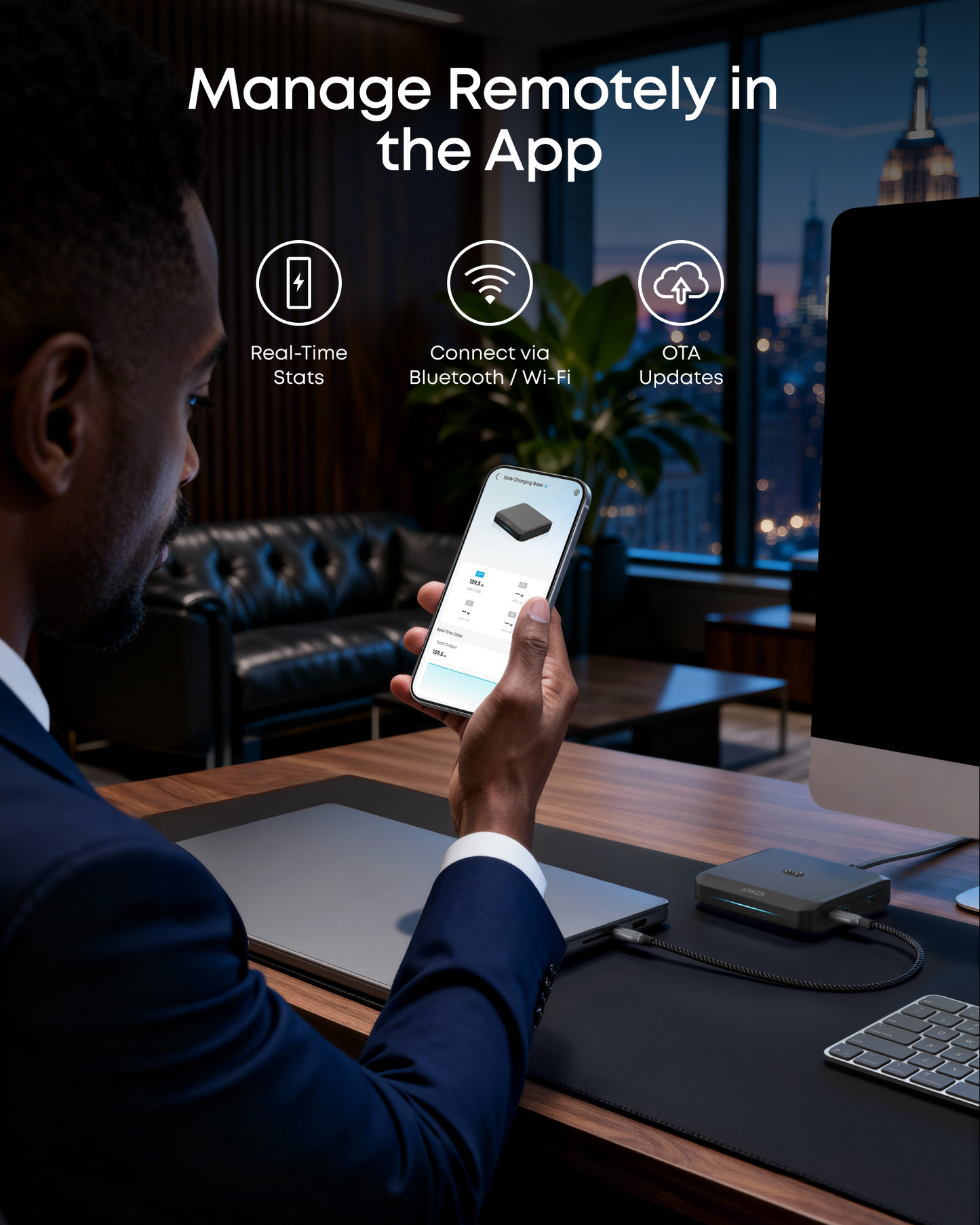 Caricabatterie Stazione Anker per batteria esterna Prime, 150W, 5A, 1 x Pogo Pin - 1 x USB-A - 2 x USB-C, Nero A1903G11