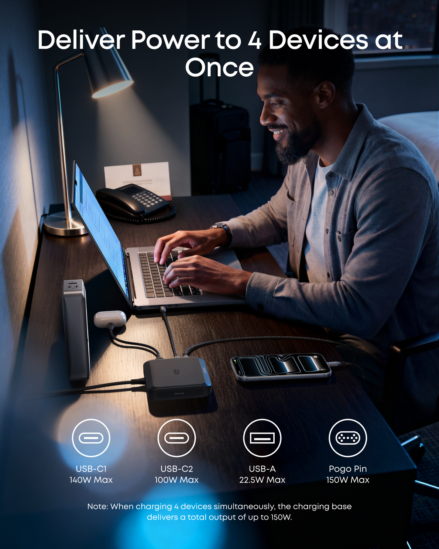 Caricabatterie Stazione Anker per batteria esterna Prime, 150W, 5A, 1 x Pogo Pin - 1 x USB-A - 2 x USB-C, Nero A1903G11