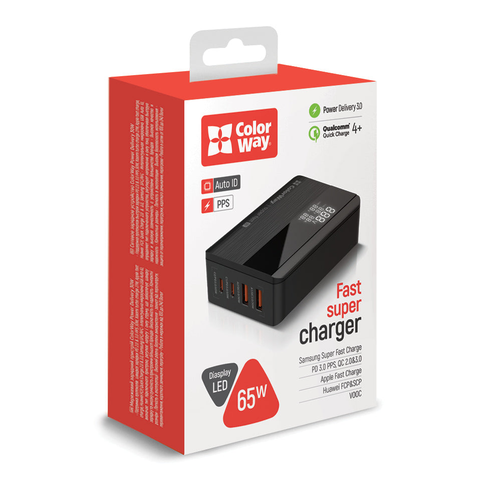 Caricabatterie Stazione ColorWay Display, 65W, 3.25A, 2 x USB-A - 2 x USB-C, Nero