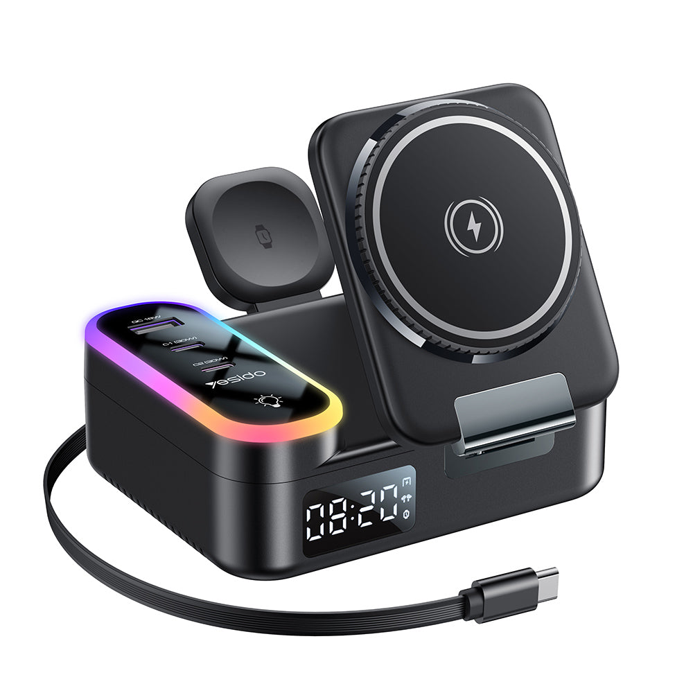 Caricabatterie Stazione Yesido DS38 Display QI 3in1, 65W, 3A, 1 x USB-A - 2 x USB-C, Nero
