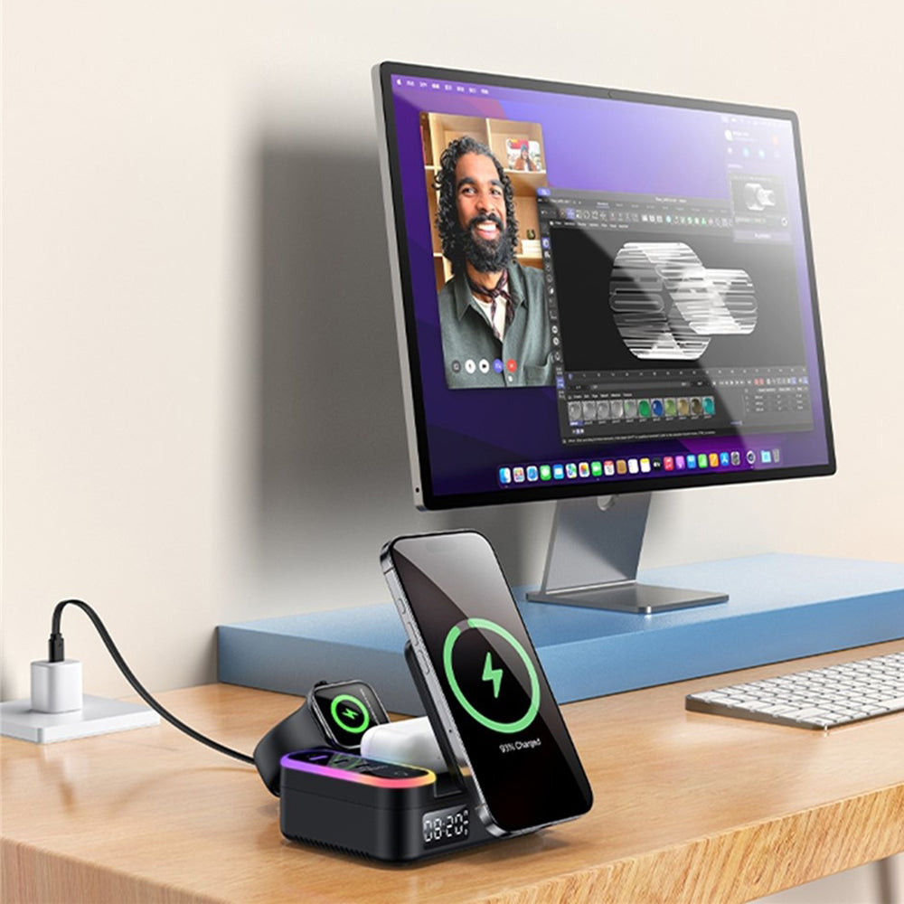 Caricabatterie Stazione Yesido DS38 Display QI 3in1, 65W, 3A, 1 x USB-A - 2 x USB-C, Nero