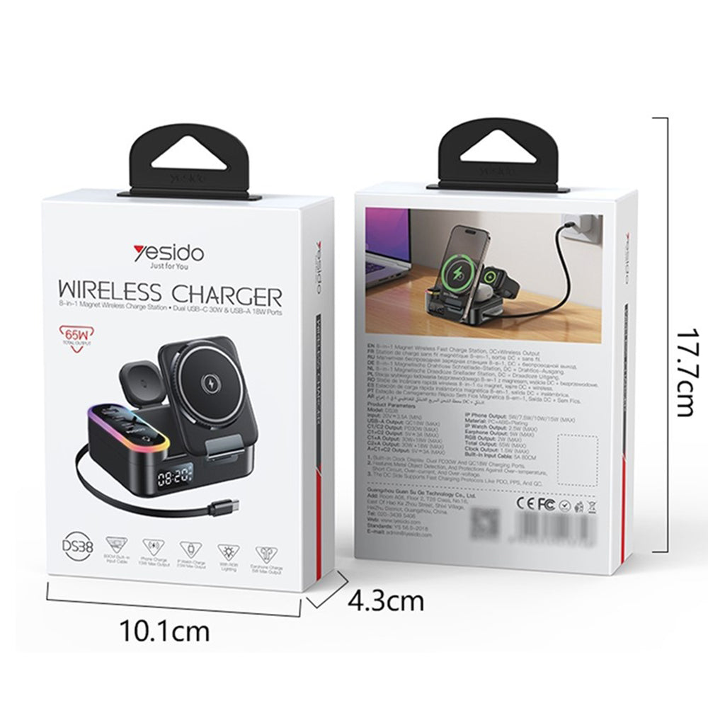 Caricabatterie Stazione Yesido DS38 Display QI 3in1, 65W, 3A, 1 x USB-A - 2 x USB-C, Nero