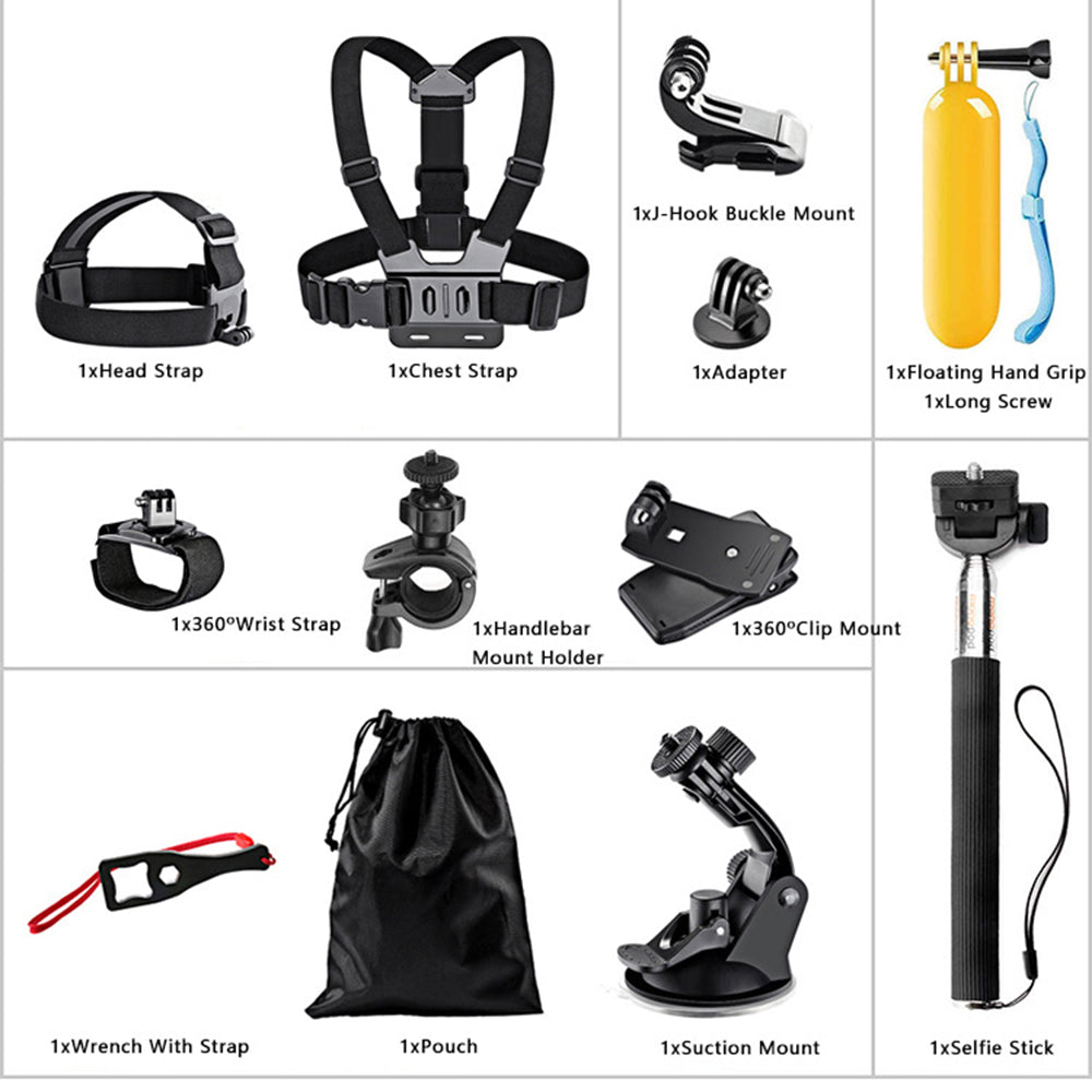 Techsuit SA15 Sports Camera Accessory Kit for GoPro / SJCAM Series, 15in1, Black