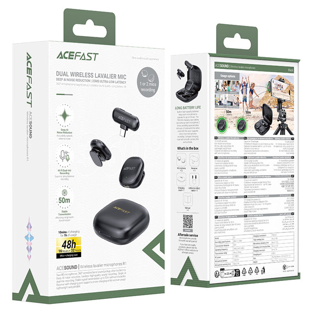Lavalier Acefast R1, USB-C, Set 2 pezzi, Nero