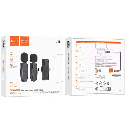 Lavalier Bluetooth HOCO L15, USB-C / Lightning, set 2 pezzi, nero