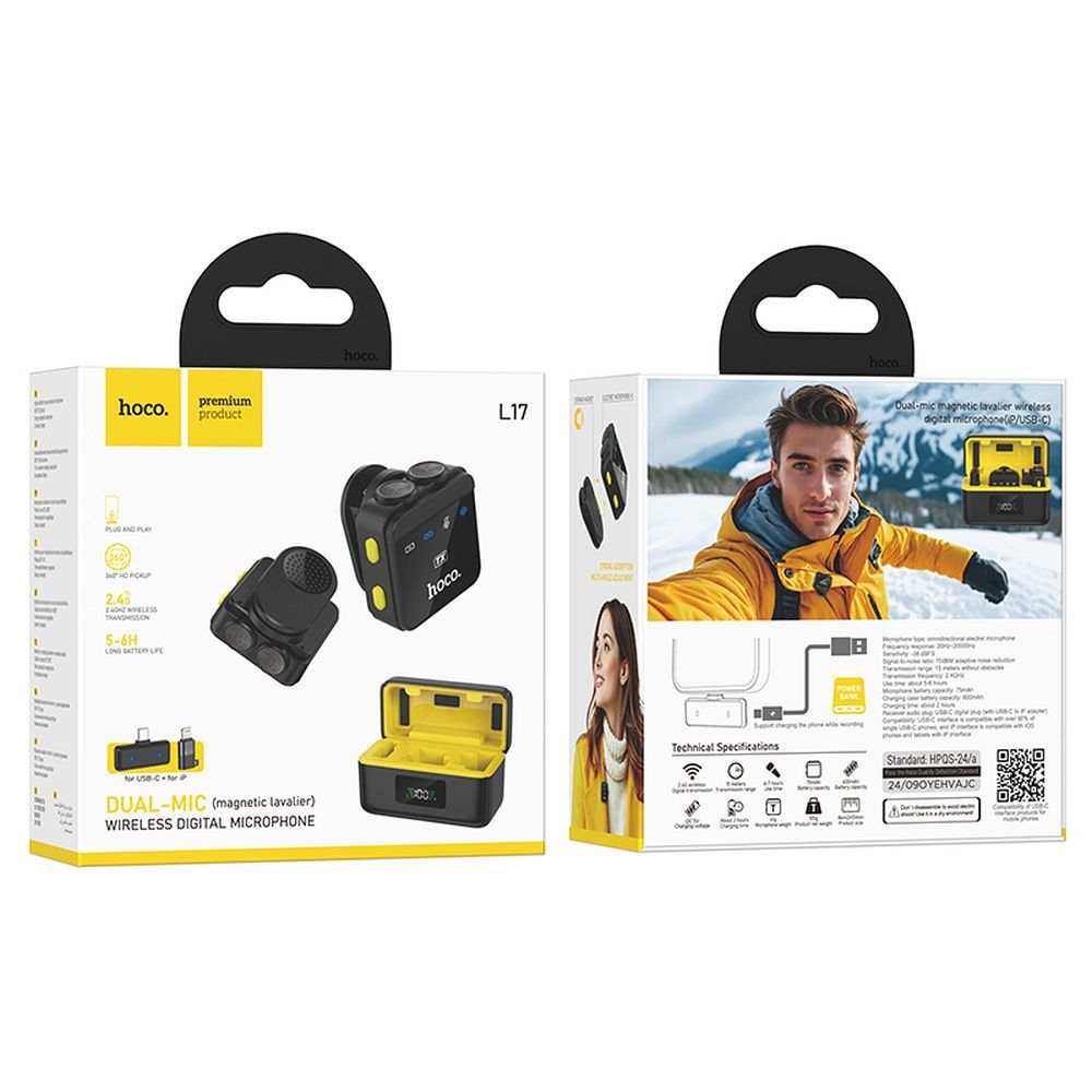 Lavalier HOCO L17, USB-C / Lightning, Set 2 Pezzi, Nero