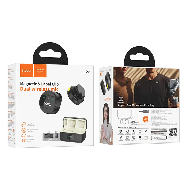 Lavaliera HOCO L22, USB-C / Lightning, Set 2 pezzi, Nera