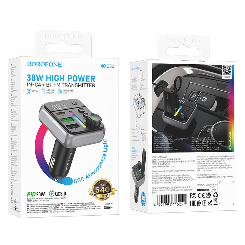 Modulatore FM Bluetooth Borofone BC50 Ascenso, 2 x USB-A - 1 x USB-C