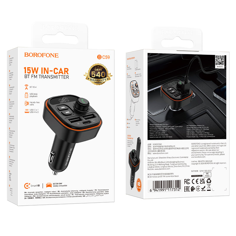 Modulatore FM Bluetooth Borofone BC59 Heroic, 2 x USB-A - 1 x USB-C