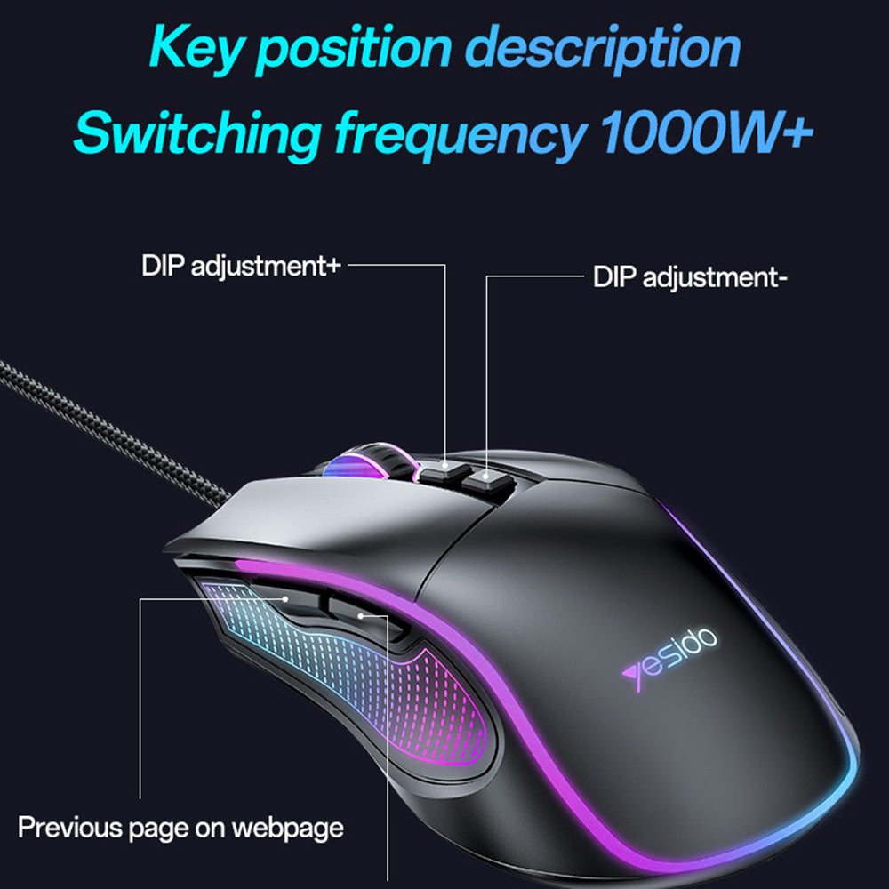 Mouse Gaming Cablato USB Yesido KB20, RGB, 1000DPI - 7200DPI, Nero