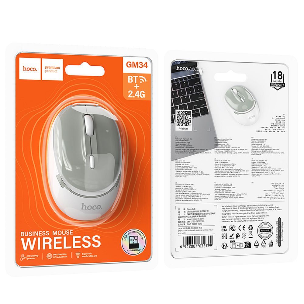 Mouse Wireless HOCO GM34, 1600DPI, BT / Wi-Fi, Grigio