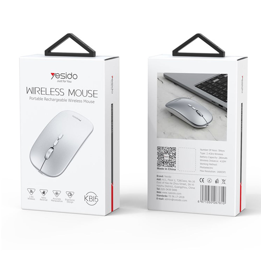 Mouse Wireless Yesido KB15, 800DPI - 1600DPI, Argento