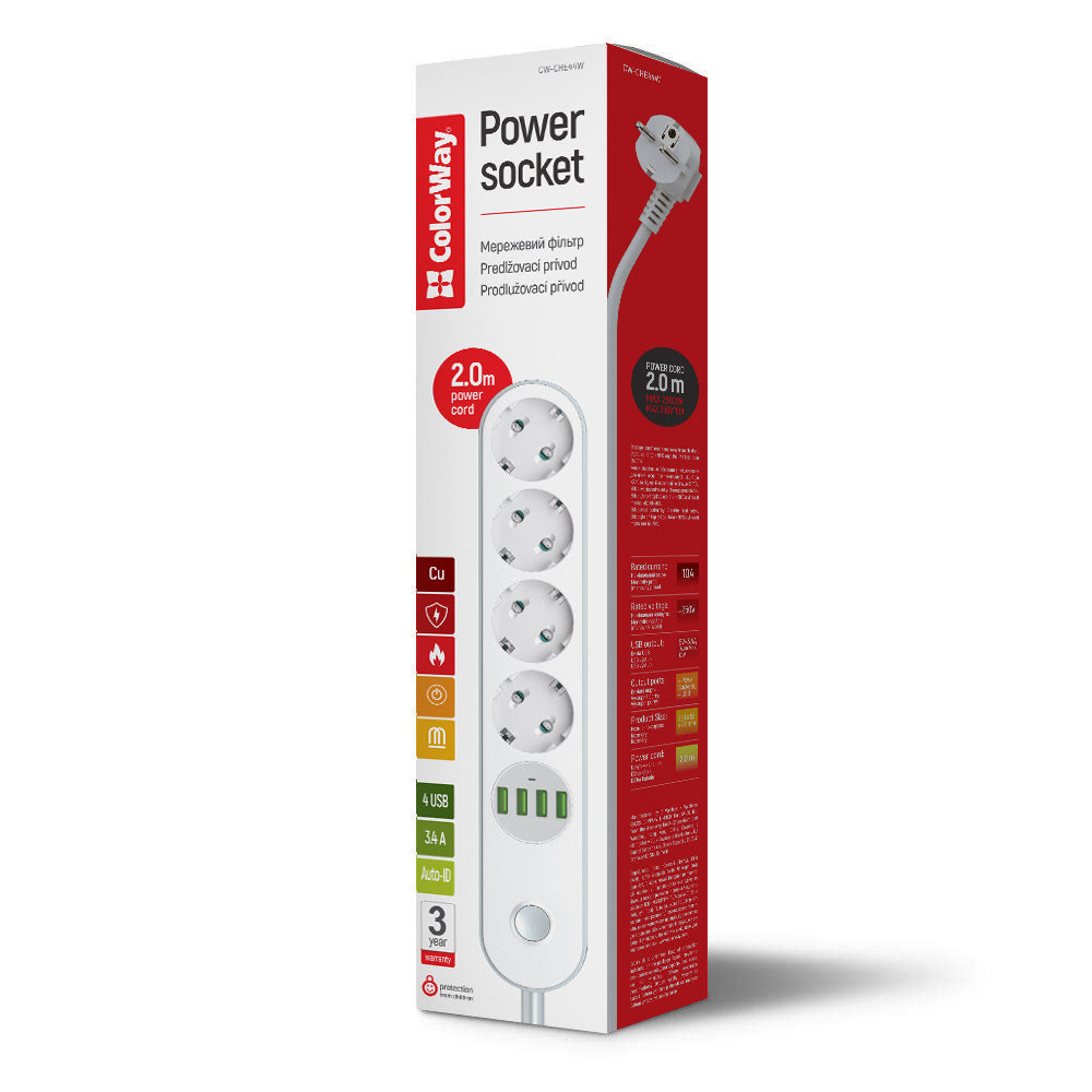 Prolunga ColorWay, 4 x Schuko - 4 x USB-A, Bianco