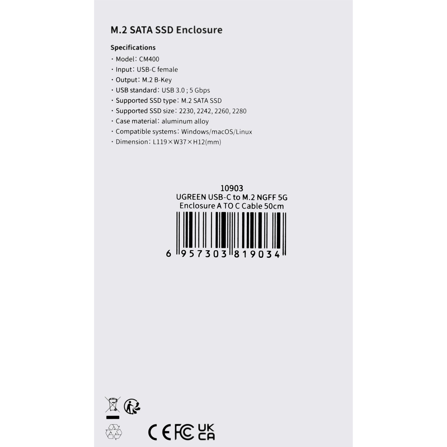 Rack UGREEN CM400 per SSD SATA M.2 NGFF, Grigio