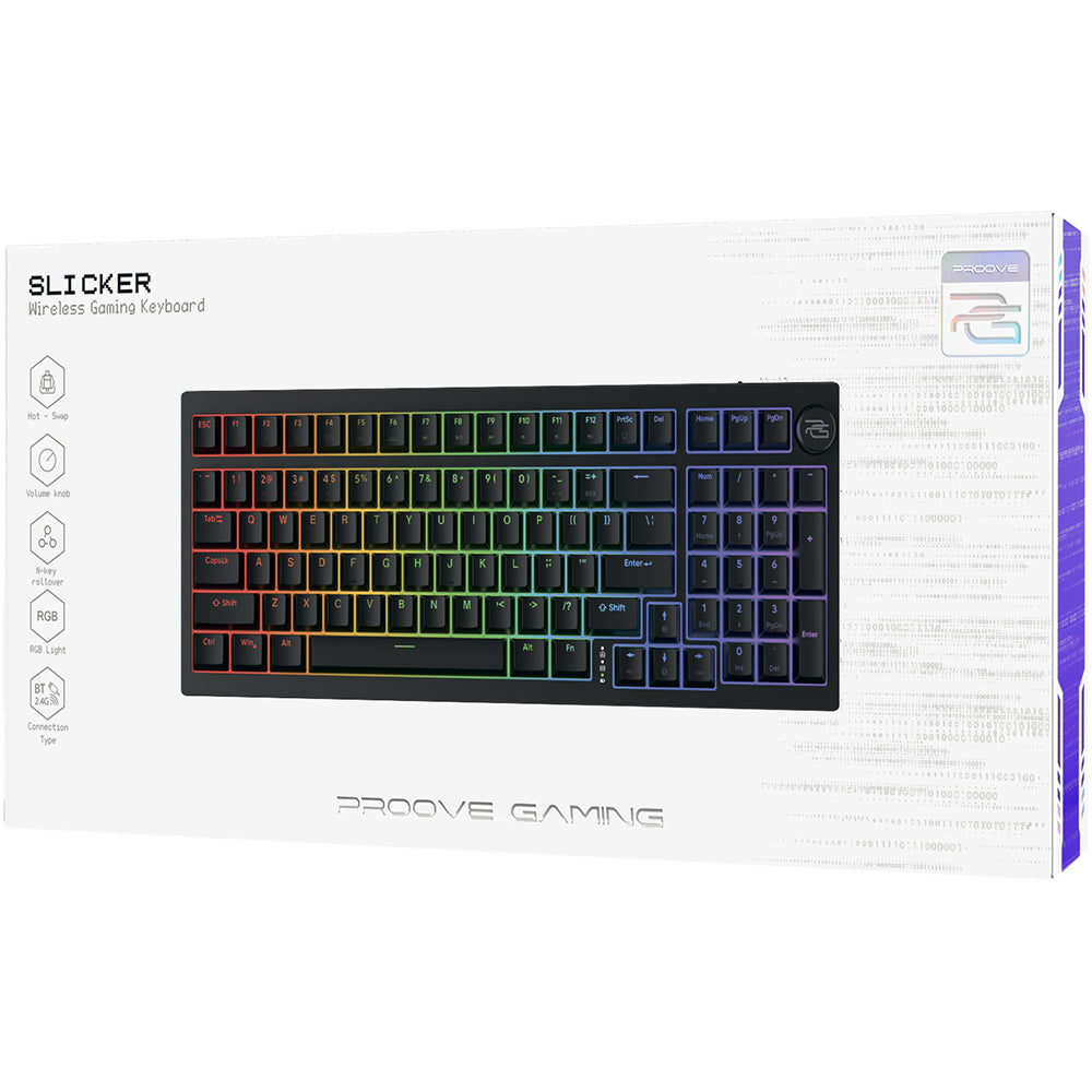 Tastiera Gaming Wireless Proove Slicker, RGB, BT / Wi-Fi / Cablata, 1.8m, Nera WKSLEN00022401