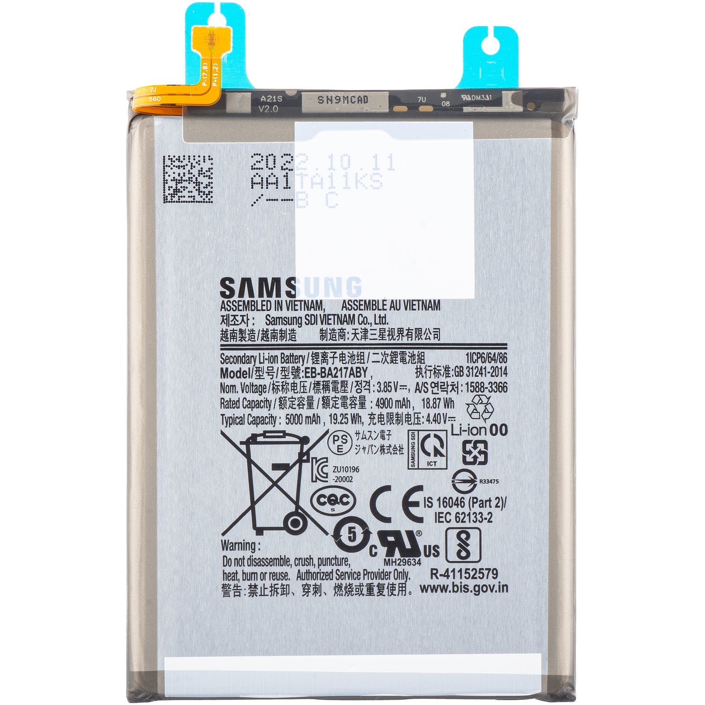 Batteria Samsung Galaxy A13 A137 / A04s A047 / A13 A135 / A13 5G A136 / A12 Nacho A127, EB-BA217ABY, Service Pack GH82-22989A