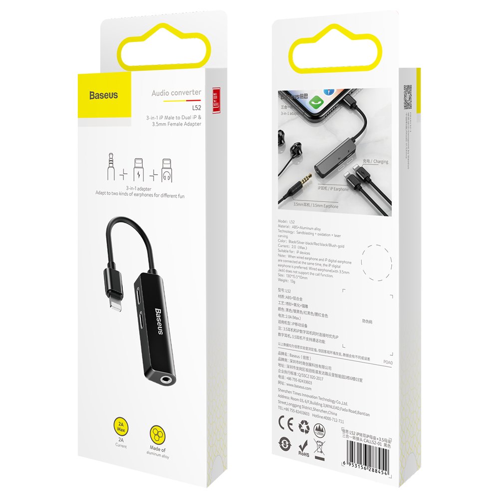 Adattatore Audio Lightning - Lightning / 3.5mm Baseus L52, Nero CALL52-01