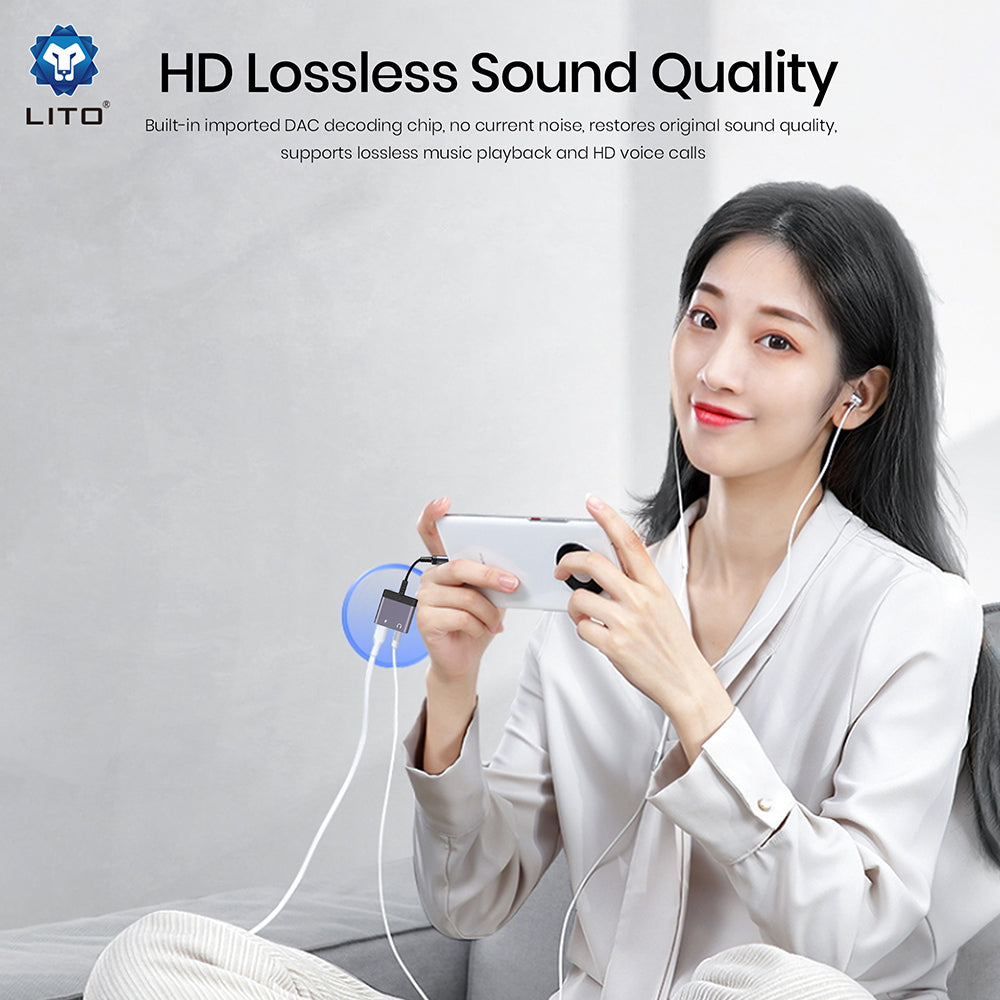 USB-C to USB-C / 3.5mm Lito LA04T Audio Adapter, Black