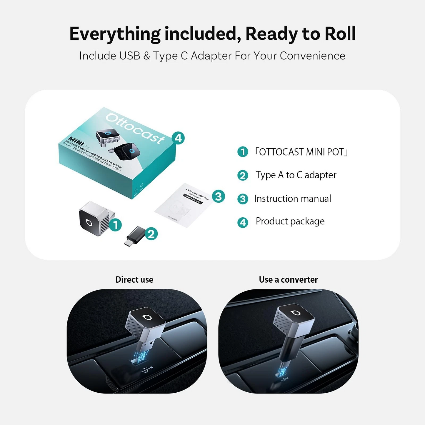 Adattatore Carplay / Android Auto Wireless Ottocast Mini Cube Style C per Apple iPhone / Android Series CP88-T3