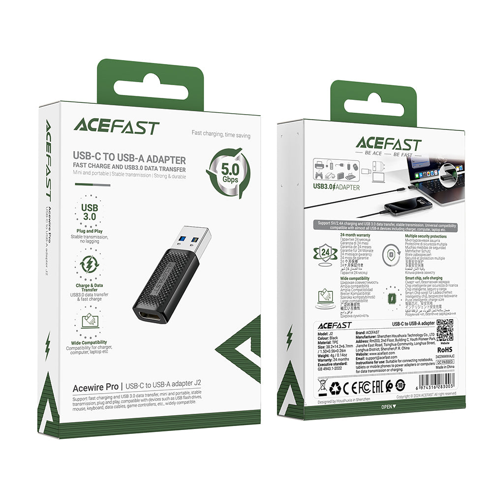 Adattatore Dati e Ricarica USB-C - USB-A Acefast J2, Nero
