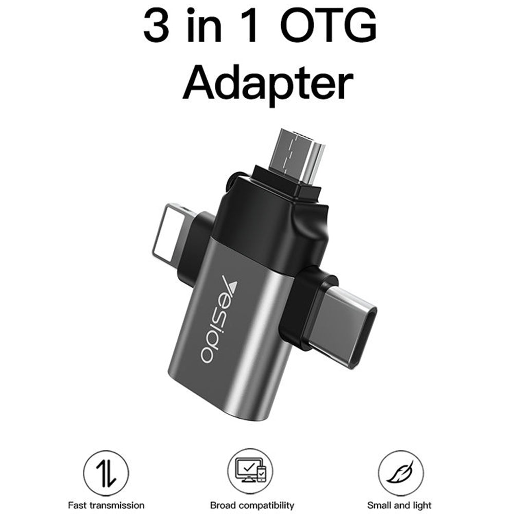 Adattatore OTG Lightning / microUSB / USB-C - USB-A Yesido GS15, Nero