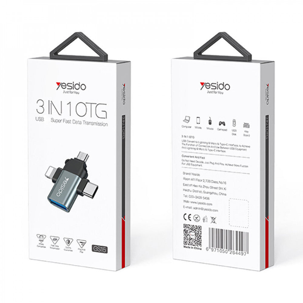 Adattatore OTG Lightning / microUSB / USB-C - USB-A Yesido GS15, Nero