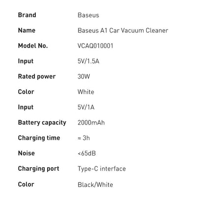 Baseus A1 Aspirapolvere per auto VCAQ010002