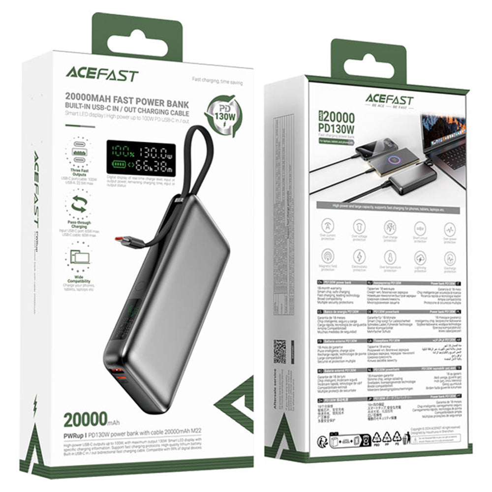 Acefast M22 External Battery, 20000mAh, 130W, QC + PD, 1 x USB-A - 2 x USB-C, Black