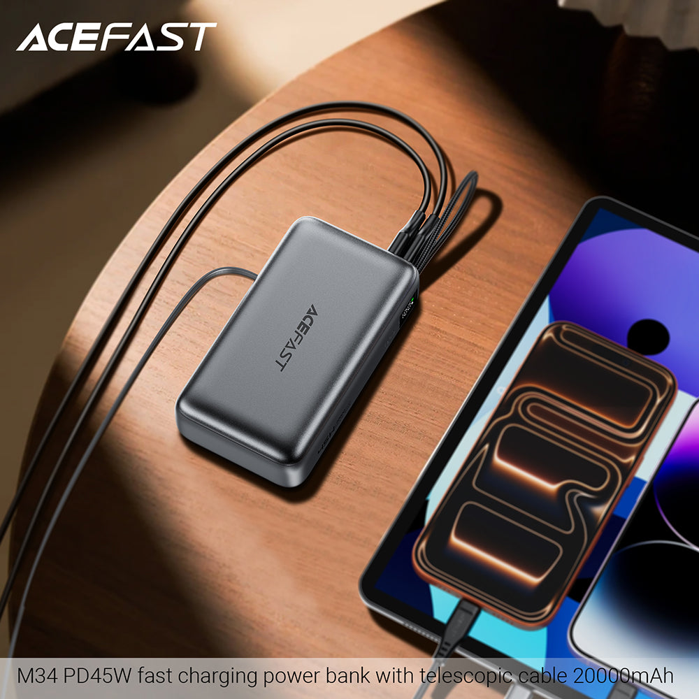 Batteria Esterna Acefast M34, 20000mAh, 45W, QC + PD, 1 x USB-A - 2 x USB-C, Grigio