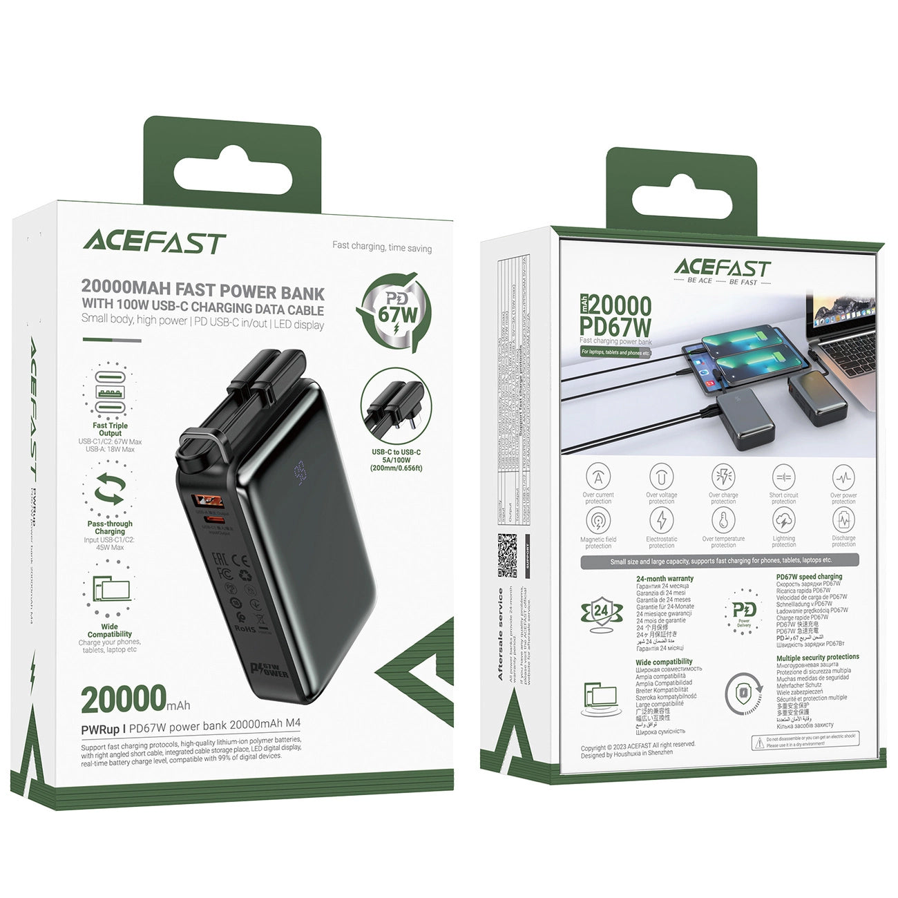 Batteria esterna Acefast M4, 20000mAh, 67W, PD + QI, 1 x USB-A - 2 x USB-C, nero