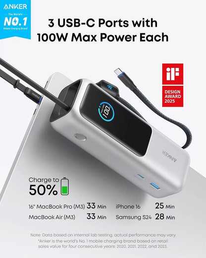 Anker External Battery, 25000mAh, 165W, QC + PD, 1 x USB-A - 3 x USB-C, Silver, Resealed A1695H41