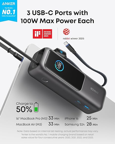 Batteria Esterna Anker, 25000mAh, 165W, QC + PD, 1 x USB-A - 3 x USB-C, Grigio A1695H11