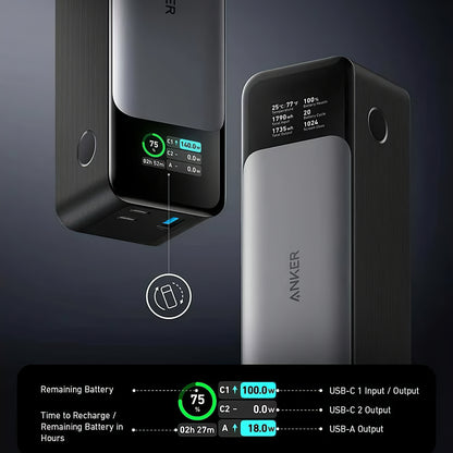 Batteria esterna Anker 737, 24000mAh, 140W, QC + PD, 1 x USB-A - 2 x USB-C, nero A1289011 